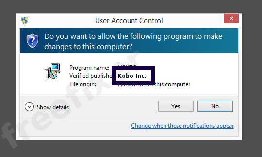 Screenshot where Kobo Inc. appears as the verified publisher in the UAC dialog